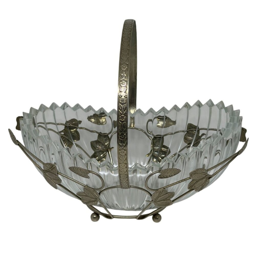 VTG Eales Sheffield Silverplate Bride Basket Sawtooth Cut Glass Bowl England MCM